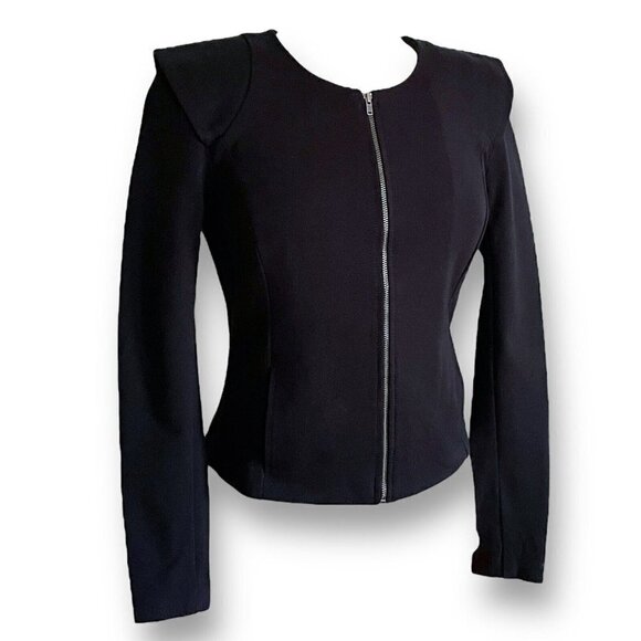 Three Dots Womens Black Ponte Knit Jacket Sz M Structured Shoulder Minimalist - Picture 1 of 8